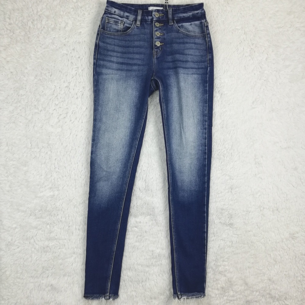 Kancan Womens Jeans Kurvy Mid Rise Skinny Button Fly Blue Denim Whiskering 27